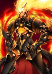 Rule 34 | 1boy, armor, ashwatthama (fate), ashwatthama (second ascension) (fate), black armor, black gloves, cowboy shot, fate/grand order, fate (series), fiery background, fire, full armor, gamiani zero, gloves, highres, male focus, pauldrons, shoulder armor, solo, standing