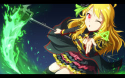 Rule 34 | 1girl, ahoge, black flower, black rose, blonde hair, blowing kiss, boots, coattails, epaulettes, flower, frilled skirt, frills, glowing, glowing eye, glowing weapon, hair flower, hair ornament, hair ribbon, highres, hoshii miki, idolmaster, idolmaster (classic), idolmaster movie, knee boots, kouchou, letterboxed, long hair, looking at viewer, magic, magical girl, one eye closed, red eyes, ribbon, rose, scythe, skirt, solo, tailcoat, the sleeping beauty (idolmaster), weapon