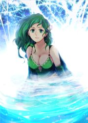 Rule 34 | 1girl, aged up, bare shoulders, breasts, cape, cleavage, commentary request, d:, detached sleeves, dress, final fantasy, final fantasy iv, green cape, green dress, green eyes, green hair, hair ornament, large breasts, long hair, looking at viewer, open mouth, parted lips, rydia (ff4), solo, spoilers, swept bangs, teeth, tsutsupiku, two-tone background, upper body, wavy hair
