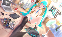Rule 34 | 1girl, 2boys, ;o, absurdres, aqua hair, bed, between breasts, black thighhighs, blood, blue eyes, blue necktie, blush, breasts, clock, closed umbrella, clothes hanger, cosplay, door, dutch angle, hand fan, hatsune miku, hatsune miku (cosplay), highres, kagamine len, kaito (vocaloid), long hair, looking at viewer, messy room, multiple boys, navel, necktie, necktie between breasts, nipples, nosebleed, one eye closed, open mouth, panties, parted lips, peeking, pleated skirt, self-upload, sitting, skirt, stalking, striped clothes, striped panties, sweat, thighhighs, topless, umbrella, underwear, undressing, unworn skirt, very long hair, vocaloid, xylinda