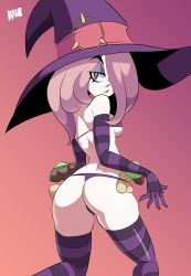 Rule 34 | ass, bigdead, bikini, breasts, elbow gloves, gloves, hair over one eye, hat, highres, little witch academia, long hair, mushroom, pink hair, solo, striped clothes, striped gloves, striped thighhighs, sucy manbavaran, swimsuit, thighhighs, witch hat