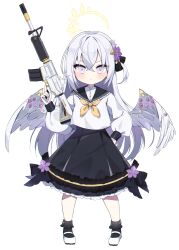 Rule 34 | 1girl, absurdres, assault rifle, azusa (blue archive), black ribbon, black skirt, black socks, blue archive, blush, chibi, chibi only, crossed bangs, double-parted bangs, feathered wings, flower, frilled skirt, frills, grey hair, gun, hair between eyes, hair flower, hair ornament, hair ribbon, halo, hand on own hip, hand up, highres, holding, holding gun, holding weapon, long hair, long sleeves, m4 carbine, mary janes, murase48, neckerchief, one side up, purple eyes, ribbon, rifle, sailor collar, school uniform, serafuku, shoes, sidelocks, simple background, skirt, socks, solo, very long hair, weapon, white background, white footwear, white serafuku, white wings, wing ornament, wings, yellow halo, yellow neckerchief