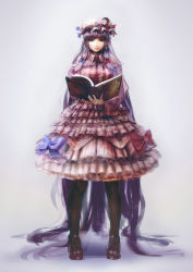 Rule 34 | 1girl, absurdly long hair, bad id, bad pixiv id, black pantyhose, book, bow, capelet, crescent, dress, full body, grimoire, hat, kgkn, long hair, long sleeves, looking at viewer, mob cap, pantyhose, patchouli knowledge, purple dress, purple eyes, purple hair, solo, striped clothes, striped dress, tocope, touhou, very long hair