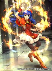 Rule 34 | 1girl, black pantyhose, blue eyes, blue hair, book, boots, brown footwear, capelet, dress, fire, fire emblem, fire emblem: the binding blade, fire emblem cipher, full body, hat, indoors, lilina (fire emblem), long hair, magic, nintendo, official art, open mouth, pantyhose, red hat, short dress, sleeveless, smile, solo, tabard, wada sachiko, watermark, wrist cuffs
