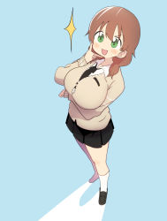Rule 34 | 1girl, absurdres, black skirt, blue background, breasts, brown hair, bural chingu, cardigan, full body, green eyes, ham na-bi, highres, large breasts, loafers, looking at viewer, luke (dydansgur), necktie, open mouth, pleated skirt, school uniform, shoes, short twintails, simple background, skirt, smile, socks, solo, standing, twintails, white socks