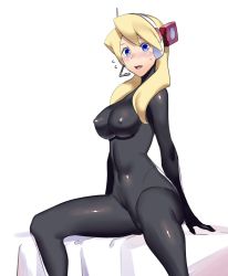 Rule 34 | 1girl, alia (mega man), arm support, bad id, bad twitter id, blonde hair, blue eyes, blush, bodystocking, bodysuit, breasts, capcom, covered erect nipples, covered navel, embarrassed, hair over shoulder, headgear, headphones, long hair, looking at viewer, looking to the side, mega man (series), mega man x8, mega man x (series), navel, open mouth, shiny clothes, simple background, sitting, solo, sweatdrop, ukimukai, white background