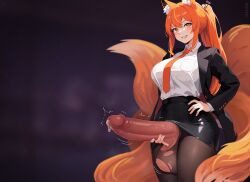 Rule 34 | 1girl, animal ears, black skirt, blush, borrowed character, breasts, brown pantyhose, business suit, collared shirt, commission, erection, formal, fox ears, fox girl, fox tail, futanari, glooz art, grin, hand on own hip, highres, huge testicles, large breasts, long hair, long sleeves, necktie, orange eyes, orange hair, orange necktie, original, pantyhose, parted lips, pencil skirt, penis, ponytail, shirt, skirt, smile, solo, suit, tail, teeth, testicles, torn clothes, torn pantyhose, white shirt