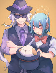 Rule 34 | 1boy, 1girl, :3, blue hair, breasts, clenched teeth, commentary request, crossed arms, grey hair, hat, inkamuko, kura sushi, large breasts, long hair, oito (bowstringsmall), red eyes, sharp teeth, short hair, simple background, sunglasses, teeth, vest, waruiman, yellow background