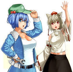 Rule 34 | 2girls, :o, adapted costume, adjusting clothes, adjusting headwear, animal ears, arm up, bare shoulders, baseball cap, belt, blue eyes, blue hair, breasts, cleavage, detached sleeves, female focus, grey hair, hair bobbles, hair ornament, hand on headwear, hand on own hip, hat, hat tip, holding, inubashiri momiji, kawashiro nitori, large breasts, looking at viewer, midriff, multiple girls, open clothes, open shirt, pom pom (clothes), red eyes, shirt, short hair, simple background, skirt, skirt set, standing, tank top, tkln, touhou, two side up, waving, white background, wolf ears, wrench