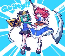 Rule 34 | 2girls, black footwear, black headwear, black skirt, blue background, blue dress, blue vest, bow, coin, commentary request, dress, english text, epaulettes, footwear bow, frilled hat, frills, full body, green eyes, green hair, hair bobbles, hair ornament, hat, highres, holding, holding scythe, long sleeves, looking at viewer, multiple girls, obi, okobo, onozuka komachi, open mouth, pointing, pointing at viewer, red eyes, red hair, ribbon-trimmed skirt, ribbon trim, rod of remorse, sandals, sash, scythe, shiki eiki, short sleeves, skirt, smile, socks, solidus (sword cube), touhou, two side up, v-shaped eyebrows, vest, white socks, wide sleeves