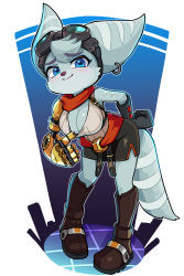 Rule 34 | 1girl, alien, animal ears, blue eyes, blush, breasts, cleavage, furry, furry female, highres, imeni-art, mechanical arms, pulling at clothes, ratchet &amp; clank, ratchet &amp; clank: rift apart, rivet (ratchet &amp; clank), single mechanical arm, skirt, striped tail, tail, teasing