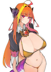 Rule 34 | 1girl, ahoge, bikini, blonde hair, blunt bangs, breasts, breasts out, closed mouth, dismassd, dragon tail, highres, hololive, horns, kiryu coco, large breasts, light blush, long hair, multicolored eyes, multicolored hair, orange hair, purple hair, shrug (clothing), smile, standing, streaked hair, swimsuit, tail, virtual youtuber, yellow bikini
