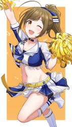 Rule 34 | 1girl, absurdres, ahoge, belt, bike shorts, boots, breasts, brown hair, cheering, cheerleader, choker, cleavage, commentary request, crop top, earrings, high heel boots, high heels, high ponytail, highres, holding, holding pom poms, idolmaster, idolmaster shiny colors, jewelry, knee boots, kurageso, kuwayama chiyuki, long hair, looking at viewer, midriff, miniskirt, navel, one eye closed, pleated skirt, pom pom (cheerleading), pom poms, short sleeves, skirt, solo, standing, standing on one leg, sweat, yellow belt, yellow eyes