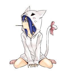 Rule 34 | 1girl, animal hood, blue hair, cat hood, cat tail, fairy tail, hood, hoodie, looking to the side, mashima hiro, sitting, sleeves past wrists, socks, solo, tail, wariza, wendy marvell