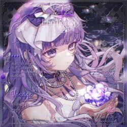 Rule 34 | 1girl, chinese commentary, chinese text, collar, collarbone, crystal flower, cupping hands, detached collar, dress, earrings, english text, expressionless, highres, jewelry, looking down, original, own hands together, portrait, purple collar, purple eyes, purple hair, purple theme, solo, water, watermark, white dress, xiao dao mei w
