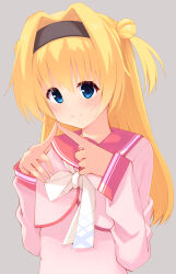 Rule 34 | 1girl, black hairband, blonde hair, blue eyes, blush, chitose sana, closed mouth, commentary, double bun, grey background, hair between eyes, hair bun, hair intakes, hairband, hands up, highres, index fingers together, long hair, looking at viewer, minase kaya, pink shirt, red sailor collar, ribbon, sailor collar, school uniform, serafuku, shirt, shy, simple background, sleeves past wrists, smile, solo, straight hair, tenshinranman, two side up, upper body, white ribbon