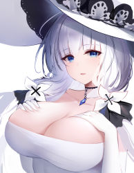 Rule 34 | 1girl, absurdres, an yasuri, azur lane, banned artist, breasts, cleavage, dress, elbow gloves, gloves, hair ribbon, hat, highres, huge breasts, illustrious (azur lane), lace-trimmed hat, lace trim, long hair, looking at viewer, mole, mole under eye, ribbon, smile, solo, strapless, strapless dress, sun hat, thighhighs, tress ribbon, tri tails, upper body, white dress, white gloves, white hair, white hat, white thighhighs