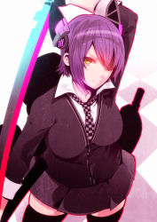 Rule 34 | 10s, 1girl, breasts, cardigan, checkered clothes, checkered necktie, checkered neckwear, eyepatch, fingerless gloves, gloves, kantai collection, kuso bba, large breasts, looking at viewer, machinery, necktie, personification, purple hair, short hair, skirt, solo, sword, tenryuu (kancolle), thighhighs, weapon, yellow eyes