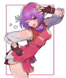Rule 34 | 1girl, asamiya athena, breasts, china dress, chinese clothes, cowboy shot, dress, fingerless gloves, gloves, hair ribbon, hairband, hand on own hip, highres, looking at viewer, medium breasts, oro (sumakaita), purple eyes, purple hair, red dress, ribbon, short hair, short shorts, shorts, simple background, smile, solo, the king of fighters, the king of fighters xv, v, white background