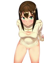 Rule 34 | 10s, 1girl, absurdres, arm support, artist request, blush, bottomless, breasts, brown hair, censored, green eyes, highres, idolmaster, idolmaster cinderella girls, jewelry, long hair, looking at viewer, meme attire, naked sweater, necklace, open-chest sweater, pussy, ribbed sweater, scan, shibuya rin, sidelocks, simple background, sleeves past wrists, solo, sweater, turtleneck, white background