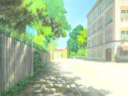 Rule 34 | bad id, bad pixiv id, dappled sunlight, day, fence, german text, no humans, original, pavement, plant, potted plant, road, road sign, scenery, shade, sign, sky, street, sunlight, town, traditional media, translated, tree, tree shade, vanishing point, you (shimizu)