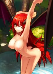 Rule 34 | 1girl, armpits, arms up, bent over, breasts, chirigami-san, cowboy shot, demon girl, demon tail, demon wings, female focus, grass, horns, large breasts, leaning forward, long hair, looking at viewer, nipples, nude, orange eyes, original, outdoors, red eyes, red hair, smile, solo, standing, stretching, tail, tree, very long hair, water, wings