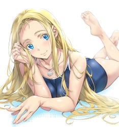 Rule 34 | 1girl, adjusting hair, ass, barefoot, blonde hair, blue eyes, blue one-piece swimsuit, blurry, blush, breasts, cleavage, collarbone, competition school swimsuit, depth of field, highres, holding, holding own hair, jewelry, kofune ushio, legs, long hair, looking at viewer, lying, medium breasts, nagayori, necklace, on stomach, one-piece swimsuit, school swimsuit, shell, shell necklace, smile, solo, summertime render, swimsuit, the pose, thighs, white background