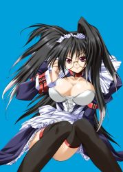 Rule 34 | 1girl, black hair, breasts, cleavage, glasses, large breasts, maid, naughty face, red eyes, solo, strap, thighhighs