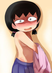 Rule 34 | 1girl, angry, black eyes, black hair, blush, chibi maruko-chan, covering privates, covering breasts, cowboy shot, dressing, female focus, heppushu, looking at viewer, looking to the side, navel, open mouth, sakura sakiko, shadow, short twintails, simple background, skirt, topless, twintails