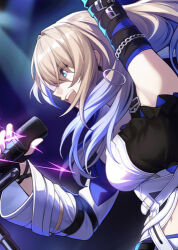 Rule 34 | 1girl, arm up, bare shoulders, black and white dress, blonde hair, blue eyes, bodysuit, breasts, closed mouth, earrings, faceless, gloves, guitar, holding, honkai: star rail, honkai (series), instrument, jewelry, long hair, lowres, medium breasts, microphone, multicolored hair, music, pointy ears, purple hair, rxdry, serval landau, solo, standing, tagme, two-tone hair