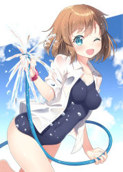 Rule 34 | 1girl, ;d, blouse, blue eyes, breasts, brown hair, collarbone, covered navel, from side, gradient background, happy, hose, hyuuga azuri, looking at viewer, one-piece swimsuit, one eye closed, open clothes, open mouth, open shirt, original, scrunchie, shirt, short hair, smile, solo, swimsuit, swimsuit under clothes, water, wet, wet clothes, white shirt, wink, wrist scrunchie