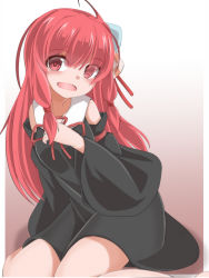 Rule 34 | 1girl, ao (aoblueao), black dress, black sleeves, blush, brown background, detached sleeves, dress, eyes visible through hair, fang, gradient background, hair over one eye, hand up, highres, kotonoha akane, long hair, long sleeves, looking at viewer, open mouth, red eyes, red hair, sleeveless, sleeveless dress, solo, very long hair, voiceroid, white background, wide sleeves