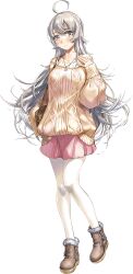 Rule 34 | 1girl, ahoge, bare shoulders, blush, boots, breasts, collarbone, full body, grey eyes, grey hair, jewelry, kantai collection, large breasts, long hair, necklace, off-shoulder sweater, off shoulder, official alternate costume, official art, pantyhose, pink skirt, ribbed sweater, skirt, solo, sweater, transparent background, washington (kancolle), white pantyhose, zeco