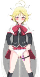 Rule 34 | 1girl, antenna hair, artist request, black jacket, black socks, blazer, blonde hair, blush, bow, bow panties, cameltoe, cape, clenched teeth, clothes lift, controller, empty eyes, female focus, hair ornament, hair ribbon, half-closed eyes, jacket, kneehighs, legs apart, lifted by self, long sleeves, looking at viewer, panties, peeing, peeing self, pleated skirt, purple eyes, red bow, red ribbon, red skirt, remote control, remote control vibrator, ribbon, school uniform, sex toy, short hair, simple background, skirt, skirt lift, socks, solo, standing, sweat, tears, teeth, thigh strap, trembling, trinity seven, underwear, vibrator, vibrator cord, wet, wet clothes, wet panties, white background, white panties, yamana mira