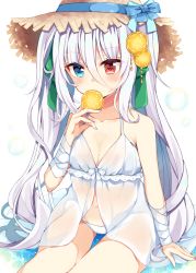 Rule 34 | 1girl, bandaged arm, bandages, bare shoulders, blue bow, blue eyes, blush, bow, breasts, brown hat, collarbone, commentary, covered mouth, dress, english commentary, food, fruit, green bow, hair bow, hand up, hat, hat bow, heterochromia, holding, holding food, lemon, lemon slice, long hair, maki soutoki, navel, original, panties, red eyes, see-through, sitting, sleeveless, sleeveless dress, small breasts, solo, straw hat, thigh gap, two side up, underwear, very long hair, white dress, white hair, white panties
