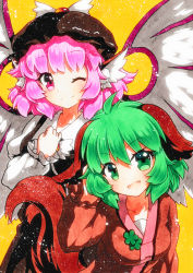 Rule 34 | 2girls, animal ears, bad id, bad pixiv id, black headwear, breasts, closed mouth, collarbone, collared shirt, dog ears, dog tail, fang, green eyes, green hair, hair between eyes, hand in own hair, hand on own chest, hat, juliet sleeves, kasodani kyouko, long sleeves, looking at viewer, medium hair, multiple girls, mystia lorelei, one eye closed, open mouth, pink eyes, pink hair, puffy sleeves, qqqrinkappp, shadow, shirt, short hair, skin fang, small breasts, tail, touhou, traditional media, upper body, white shirt, yellow background