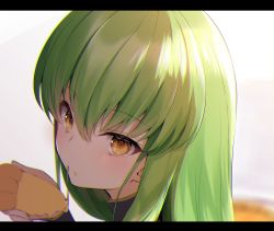 Rule 34 | 1girl, blurry, blurry background, blush, c.c., close-up, code geass, depth of field, eating, food, green hair, hair between eyes, letterboxed, long hair, looking at viewer, navy (navy.blue), pizza, portrait, solo, yellow eyes