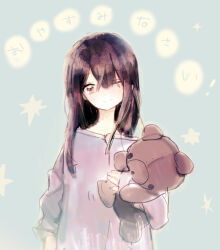 Rule 34 | 1girl, black hair, brown eyes, closed mouth, holding, holding stuffed toy, kazuka, long hair, long sleeves, looking at viewer, one eye closed, original, pajamas, simple background, smile, solo, star (symbol), stuffed animal, stuffed toy, teddy bear