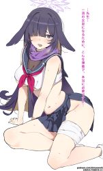 Rule 34 | 1girl, animal ears, bandaged leg, bandages, bare arms, bare shoulders, black hair, black skirt, blouse, blue archive, breasts, cleavage, crop top, fishnets, floppy ears, hair over one eye, halo, highres, long hair, looking at viewer, lop rabbit ears, medium breasts, midriff, miniskirt, navel, neckerchief, no panties, open mouth, pleated skirt, purple eyes, rabbit ears, revealing clothes, sailor collar, scarf, school uniform, see-through, see-through cleavage, serafuku, shirt, side slit, simao (x x36131422), skirt, sleeveless, sleeveless shirt, solo, stomach, sweat, thighs, translation request, tsukuyo (blue archive), underboob, white shirt