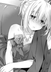 Rule 34 | 10s, 1boy, 1girl, blush, breasts, cleavage, collarbone, date a live, dress, greyscale, hair between eyes, highres, indoors, jewelry, monochrome, necklace, novel illustration, off shoulder, official art, open mouth, short hair, silver hair, sitting, sleeveless, sleeveless dress, small breasts, tobiichi origami, tsunako