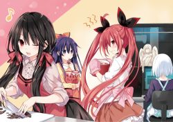 Rule 34 | 4girls, :d, angry, apron, bad id, bad yandere id, black hair, blush, chocolate, clenched teeth, cookie, cooking, cutting, date a live, detexted, eating, food, hair ribbon, highres, holding, holding food, holding knife, itsuka kotori, knife, long hair, looking at another, looking back, multiple girls, musical note, official art, one eye closed, open mouth, playing games, purple eyes, purple hair, red eyes, red hair, ribbon, short hair, silver hair, smile, spoken musical note, teeth, third-party edit, tobiichi origami, tokisaki kurumi, tsunako, twintails, very long hair, yatogami tooka