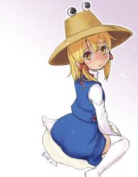 Rule 34 | 1girl, ass, blonde hair, blue skirt, blue vest, blush, brown hat, closed mouth, commentary request, dated, full body, hair ribbon, hat, highres, kei jiei, long sleeves, looking at viewer, looking back, medium hair, moriya suwako, no shoes, one-hour drawing challenge, red ribbon, ribbon, shirt, sidelocks, sitting, skirt, skirt set, solo, suggestive fluid, thighhighs, touhou, turtleneck, vest, wariza, white shirt, white thighhighs, yellow eyes