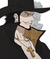Rule 34 | 1boy, bake ryori, beard, black hair, black hat, closed mouth, collarbone, commentary request, cross, cross necklace, dracule mihawk, facial hair, hat, hat feather, highres, jewelry, male focus, mustache, necklace, one piece, short hair, sideburns, solo, yellow eyes