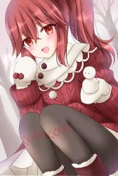 Rule 34 | 1girl, anna (fire emblem), anna (fire emblem engage), blush, boots, fire emblem, fire emblem engage, highres, kirishima riona, long hair, looking at viewer, mittens, nintendo, official alternate costume, open mouth, pantyhose, ponytail, red eyes, red hair, red sweater, smile, solo, sweater