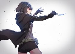 Rule 34 | androgynous, bad id, bad twitter id, belt, belt pouch, black gloves, black hair, black jacket, black shorts, breasts, fighting stance, gender request, gloves, jacket, karambit, knife, looking to the side, pouch, reverse grip, short hair, short shorts, shorts, simple background, small breasts, solo, standing, supernew