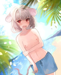 Rule 34 | 1girl, alternate costume, animal ears, beach, blue male swimwear, blue sky, blue swim trunks, blush, breasts, chidori nekoro, cloud, commentary request, cowboy shot, crossdressing, day, drawstring, dutch angle, fisheye, floppy ears, grey hair, hand on own arm, highres, horizon, looking at viewer, male swimwear, male swimwear challenge, mouse ears, mouse girl, mouse tail, nazrin, nipples, open mouth, outdoors, palm tree, red eyes, short hair, sky, small breasts, solo, swim trunks, swimsuit, tail, touhou, tree, water