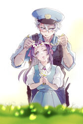Rule 34 | 1boy, 1girl, anger vein, belt, blue skirt, blue vest, blush, collared shirt, commentary request, dated, flower, flower wreath, hair ribbon, hat, height difference, highres, holding, holding flower, kimetsu no yaiba, kochou kanae, neck ribbon, one eye closed, open mouth, parted bangs, pleated skirt, police, police badge, police hat, police uniform, puffy short sleeves, puffy sleeves, purple eyes, purple hair, red ribbon, ribbon, scar, scar on arm, scar on face, scar on forehead, school uniform, shinazugawa sanemi, shirt, short sleeves, shy, skirt, twitter username, uniform, user gdxy2288, utility belt, vest, white hair, wing collar