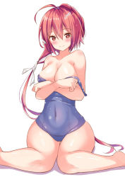 Rule 34 | 10s, 1girl, ahoge, bare arms, bare legs, bare shoulders, breasts, ging1993, hair between eyes, i-168 (kancolle), kantai collection, large breasts, long hair, one-piece swimsuit, ponytail, red eyes, red hair, school swimsuit, simple background, smile, solo, swimsuit, very long hair, white background