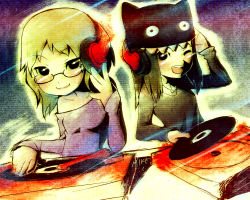 Rule 34 | 2girls, :d, ;d, artist name, beanie, black eyes, black hair, blonde hair, dj, glasses, hat, headphones, highres, jewelry, mike inel, multiple girls, necklace, one eye closed, open mouth, original, phonograph, record, smile, turntable, wink