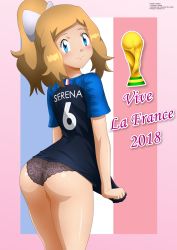 Rule 34 | 1girl, 2018 fifa world cup, absurdres, ass, black panties, black shirt, blue eyes, blush, bow, brown hair, clothes pull, creatures (company), france, french flag, from behind, game freak, hair bow, highres, jersey, long hair, looking at viewer, looking back, nintendo, panties, pink background, pokemon, pokemon (anime), pokemon xy, pokemon xy (anime), ponytail, serena (pokemon), shirt, shirt pull, short sleeves, smile, underwear, world cup, zel-sama